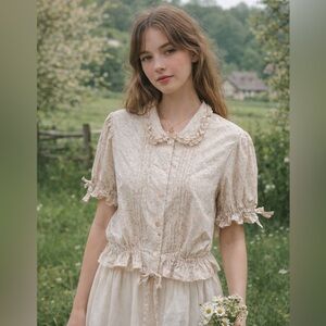 Cottagecore Collared Ruffle Puffed Sleeve Shirt Top Blouse S